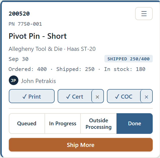 A Pylvos job card with print, cert and signed COC