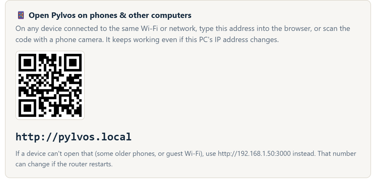 Pylvos Settings with the pylvos.local address and QR code