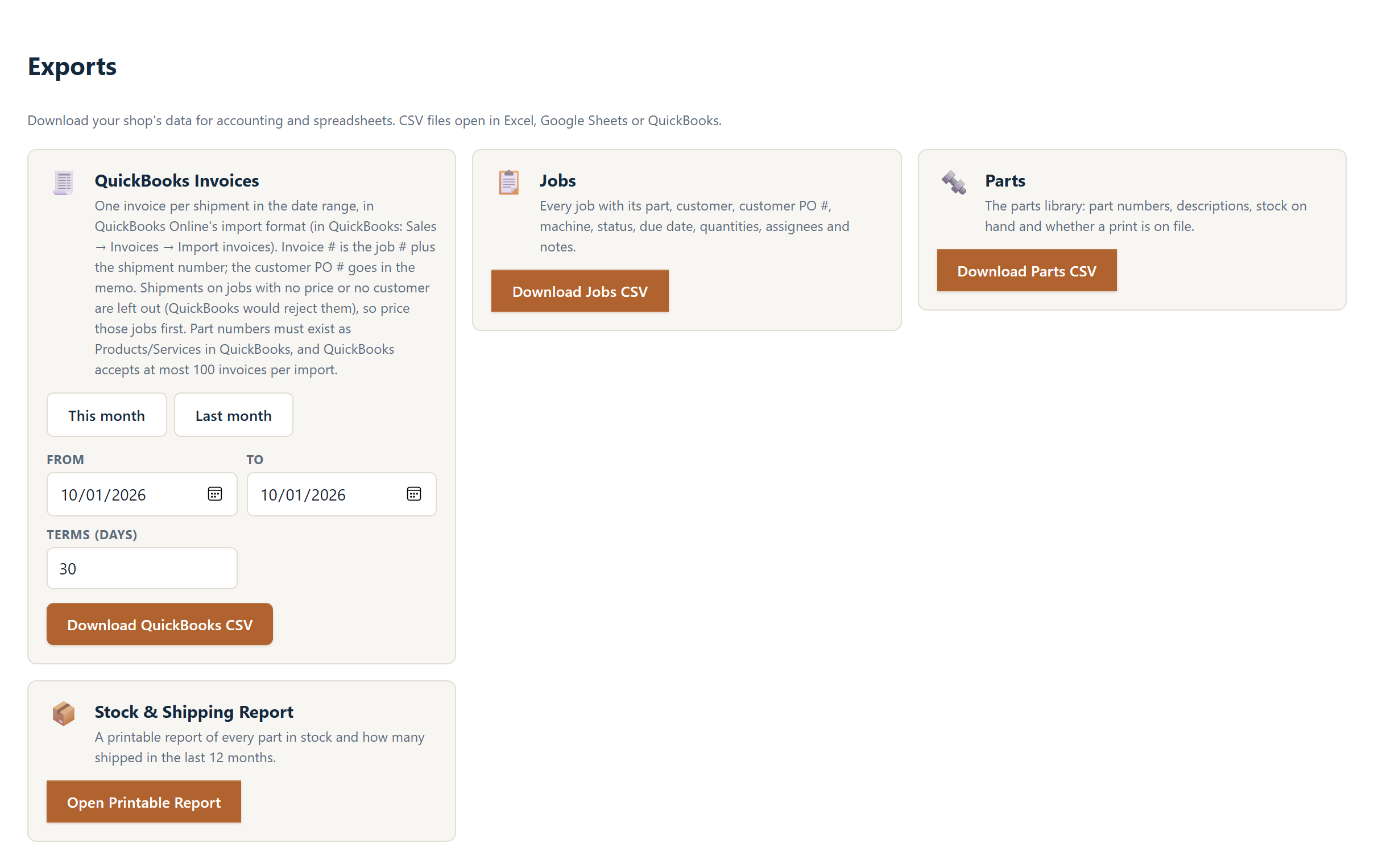 Pylvos exports page with QuickBooks invoice export