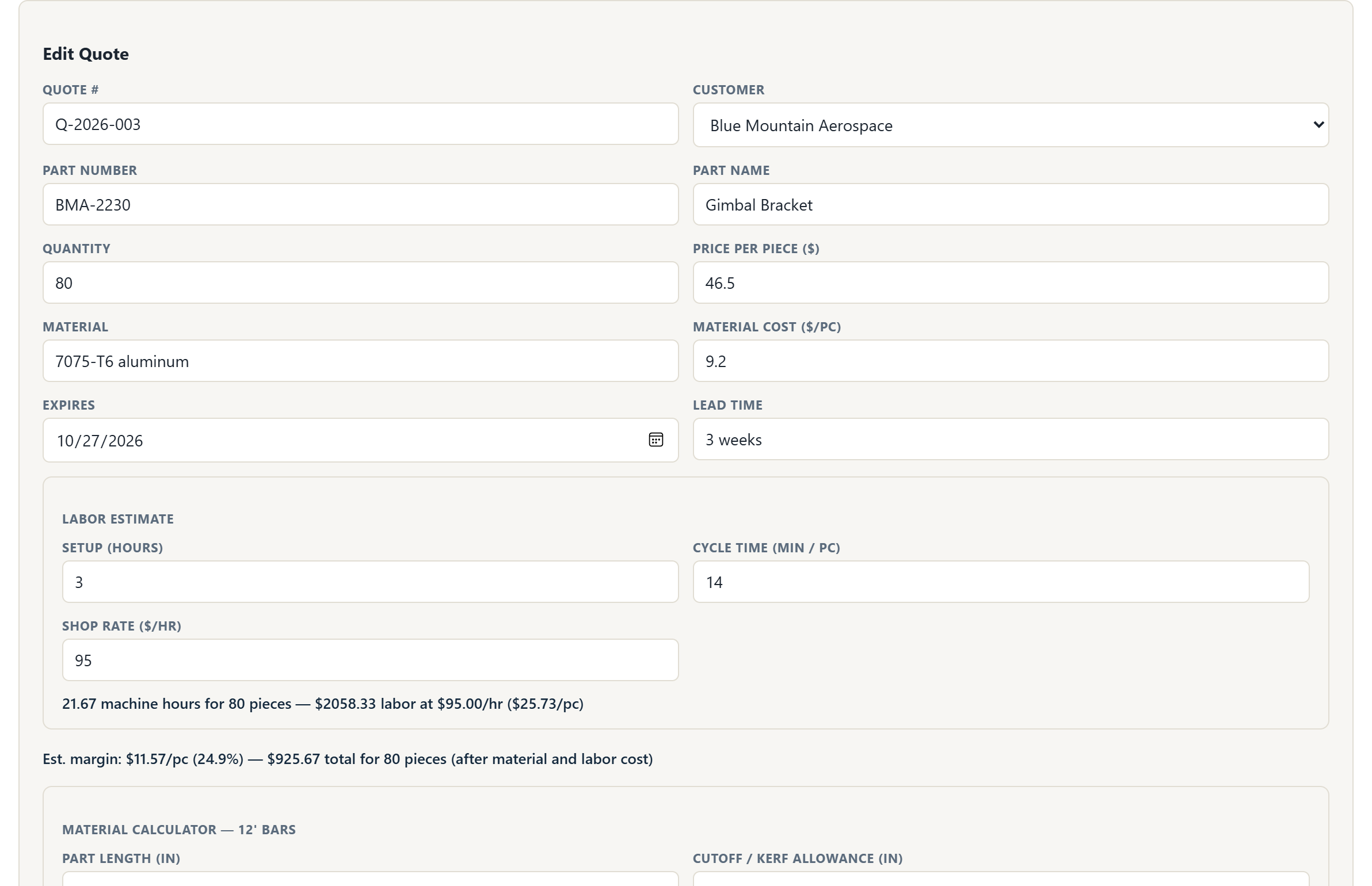 Pylvos quote builder with labor estimate and margin